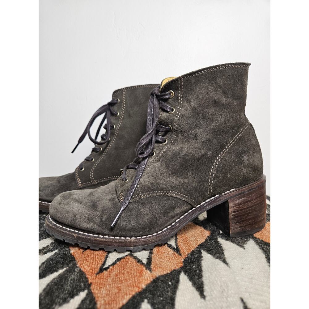 FRYE Sabrina 6G Lace Up Boots Suede Lug Sole Womens 8.5 Olive Brown Made in USA - Picture 5 of 11